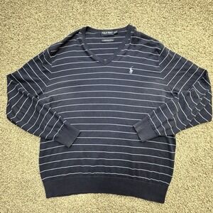 Polo Ralph Lauren Sweater XL Navy Blue Striped VNeck Pima Cotton Preppy Pullover